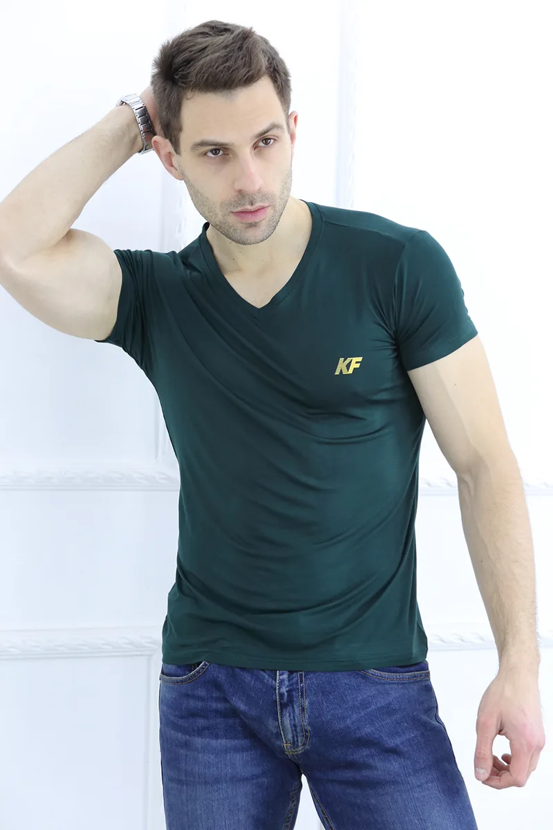 Большие размеры, L-6XL, мужские летние футболки, Мода, новинка, бамбуковое волокно, хлопок, мягкие, высокое качество, v-образный вырез, короткий рукав, повседневные футболки - Цвет: Dark green