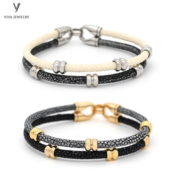 

Customize Luxury Couple Bracelet AAA Grade Stingray Leather Bracelet Fashion White&Silver&Black Mixed Color Bracelet For Lovers