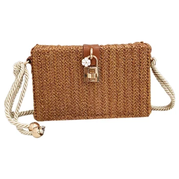 

FGGS-Beach Handbags Women Messenger Bags Square Straw Hand Woven Ladies Crossbody Bag Shoulder Rattan Bags