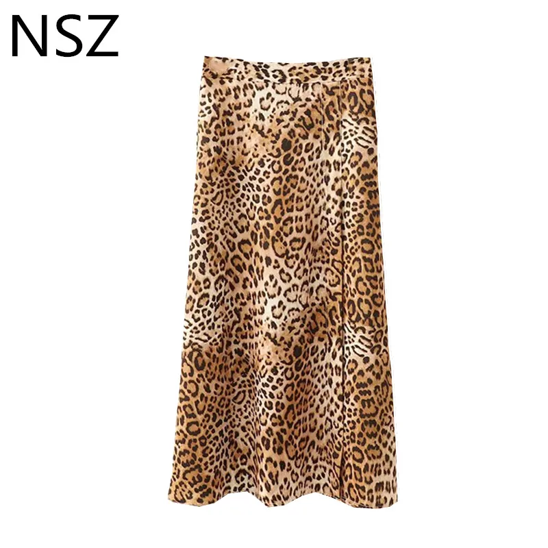 

Women Animal Print Leopard Sexy Midi Skirt High Waist High Slit Skirt Female Casual Loose A-Line Skirt Faldas Mujer