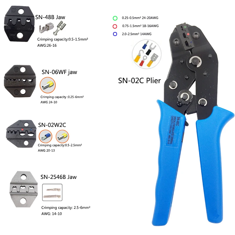 SN-02C обжимные плоскогубцы плюс 4 Челюсти 48B/2546B/06WF/02WC для фотоэлектрических MC4/Изолированные и неизолированные наконечники клемм инструменты