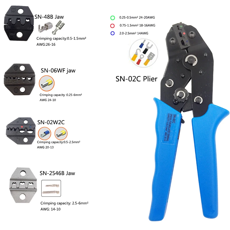 

SN-02C crimping pliers plus 4 jaws 48B/2546B/06WF/02WC for photovoltaic MC4/insulated and non-insulated ferrules terminals tools