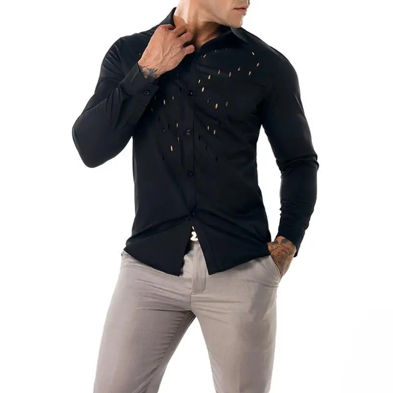 Для мужчин s Кнопка рубашка Для мужчин осень Новый стиль человека модель отверстие модная одежда с длинными рукавами Рубашка с отворотом