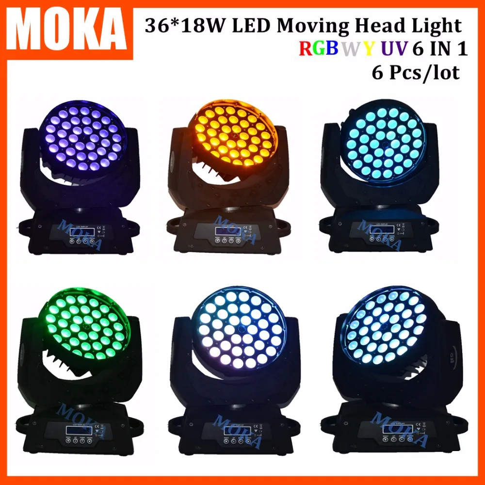 

6PCS/LOT moka factory Auto Master Control 18w*36 Pcs Led Moving Head Zoom Wash Big Party Light 12CH DMX512 320W Stage Light