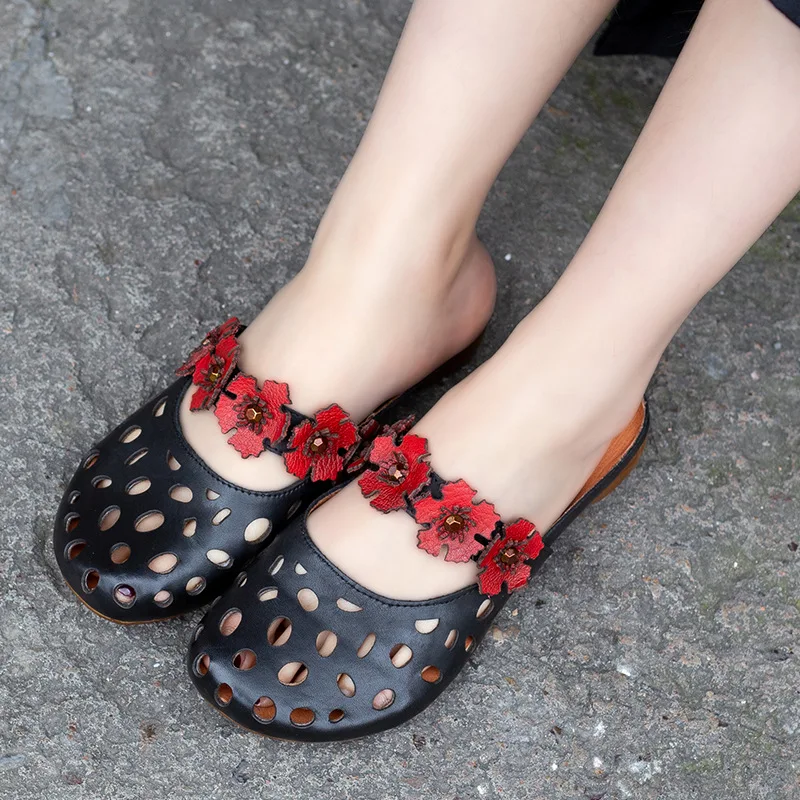 

Women Genuine Leather Slippers Black Low Heel Summer Shoe Women 2019 Slipper Flower Handmade Women Leather Mules Hollow Out