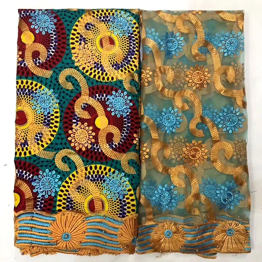 

Beautiful African Lace Fabric Nigerian Cotton Guipure Wax Fabric high quality wax lace fabric 6+2 yards and net lace fabric