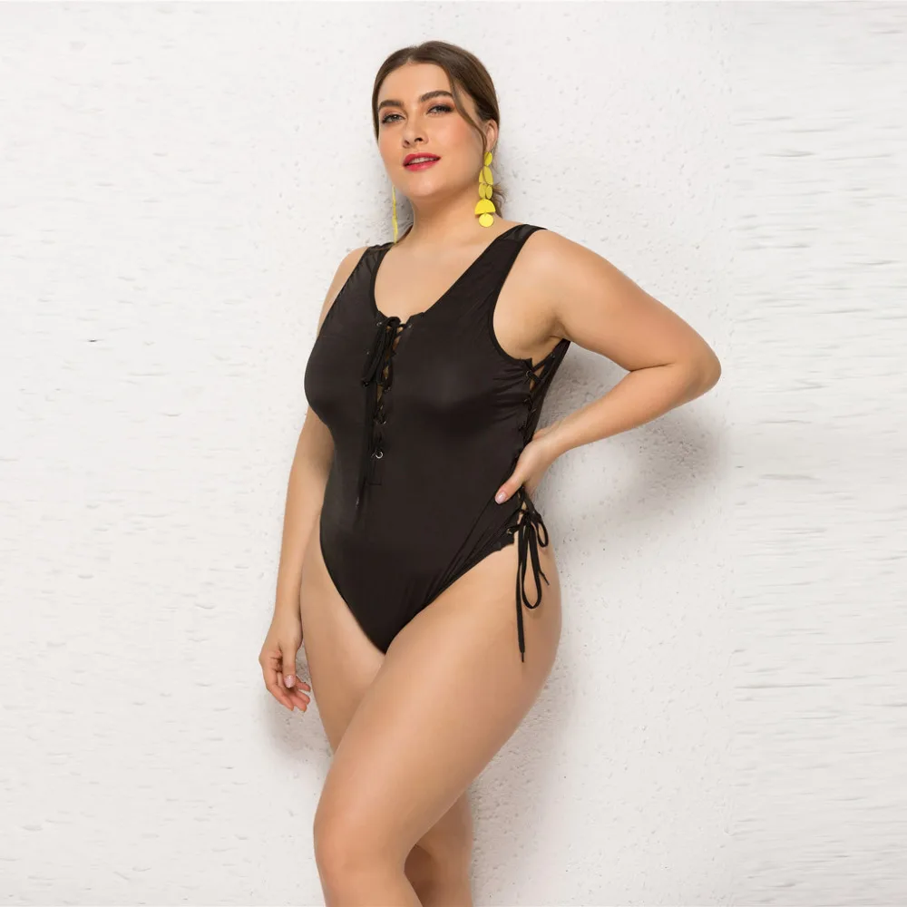 2019 women's plus-size bikinis set summer solid color deep V-neck one-piece hanging neck strap bikini swimsuit push up 40J8 (5)