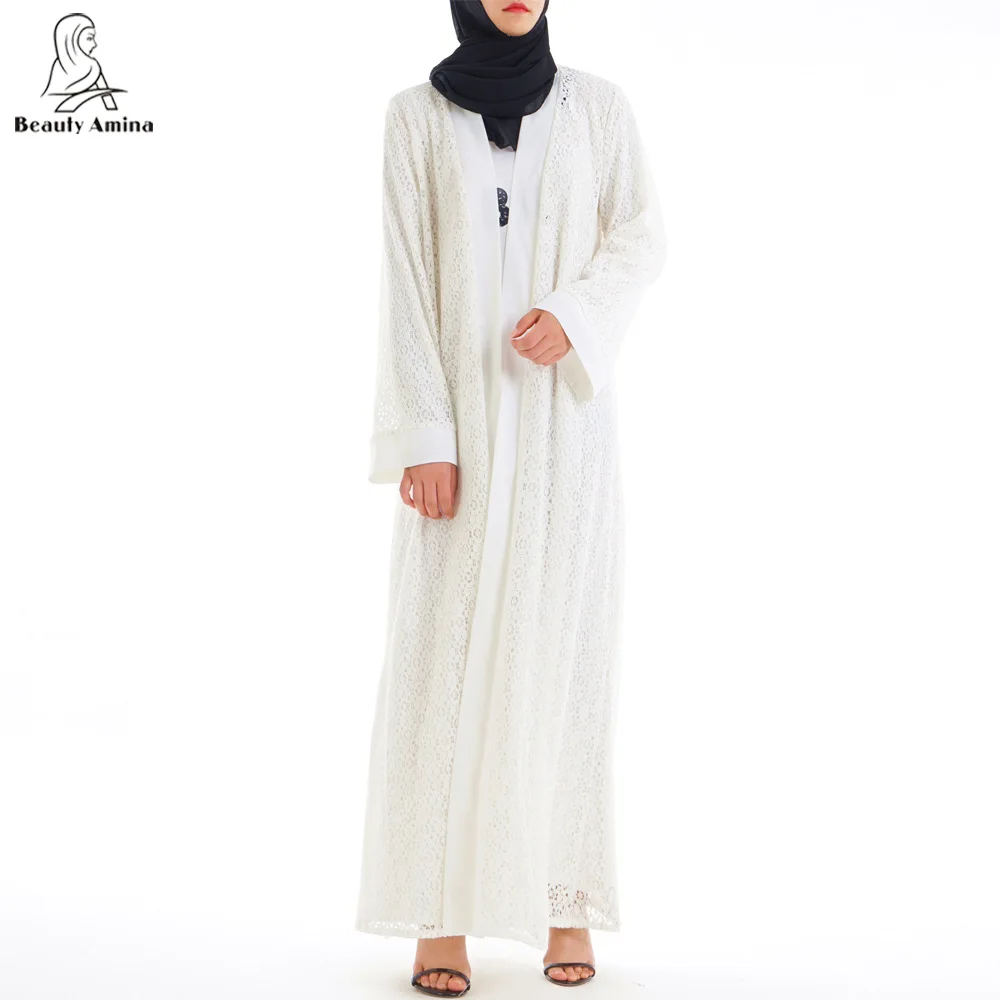 

2019 Ramadan Muslim Lace Cardigan Women Abaya Maxi Prayer Clothing White Robe Arab Islamic Full Length Outwear