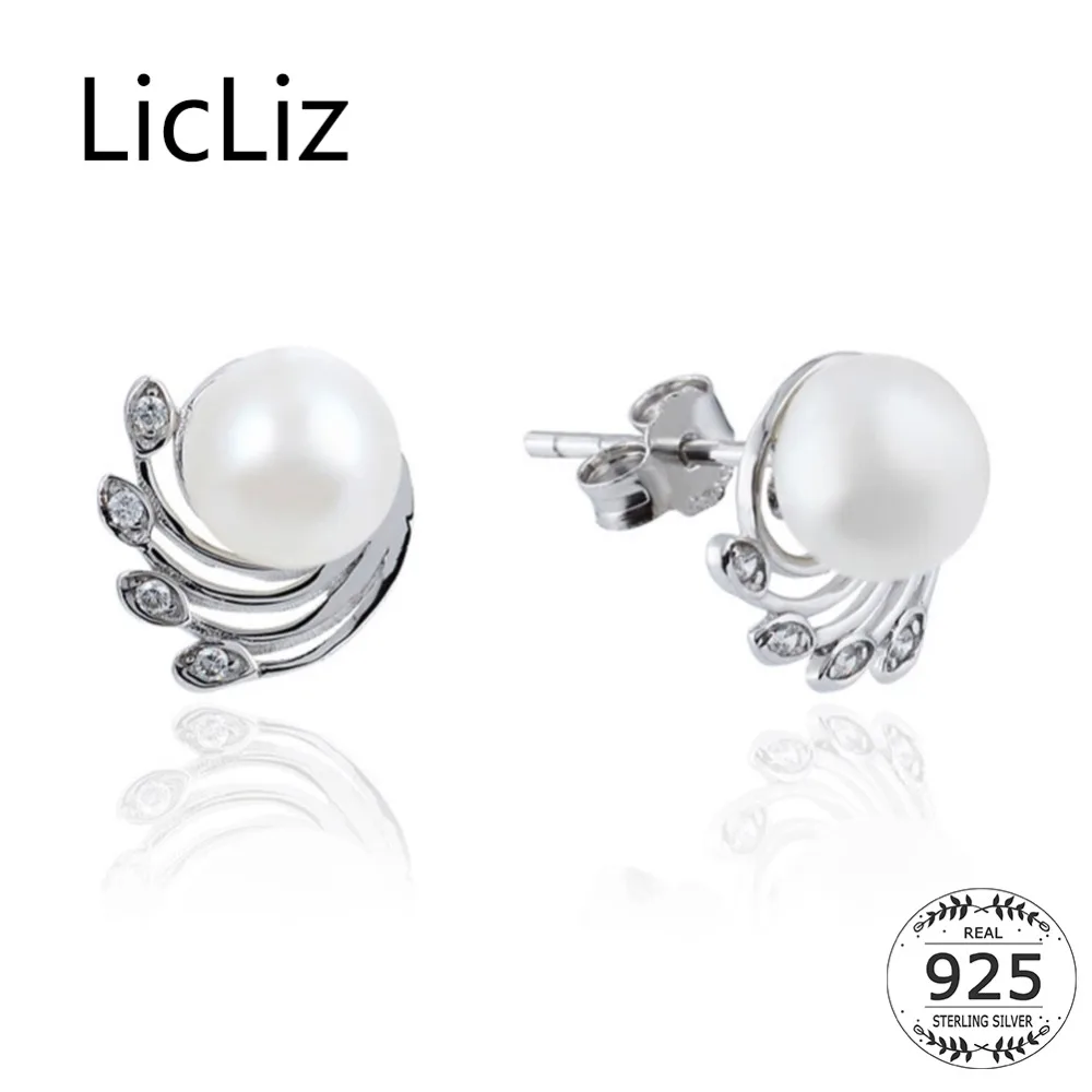 

LicLiz 2019 New White Round Pearl 925 Sterling Silver Stud Earrings for Women Feather Wing CZ Crystal White Gold Ear Stud LE0492