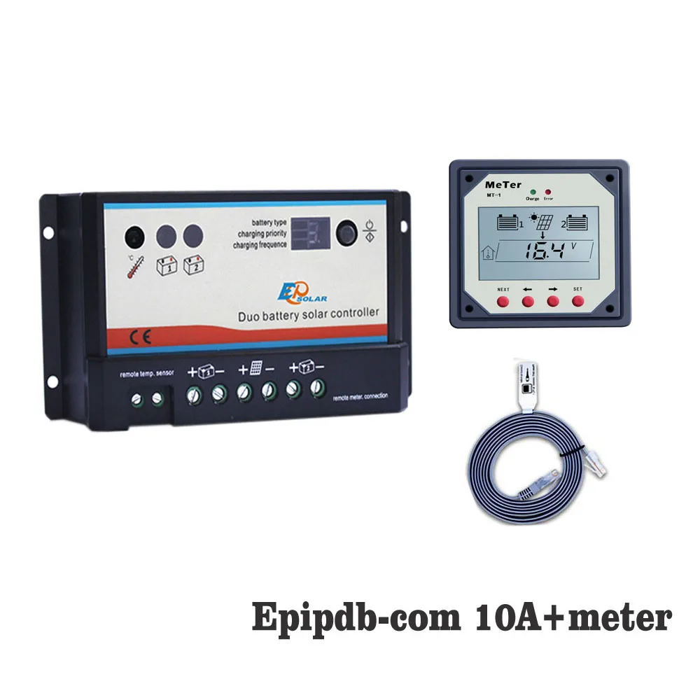 

EPIPDB-COM 10A 12V 24V Dual Duo Two Battery Solar Charge Controller Regulators with MT1 MT-1 remote Meter Display