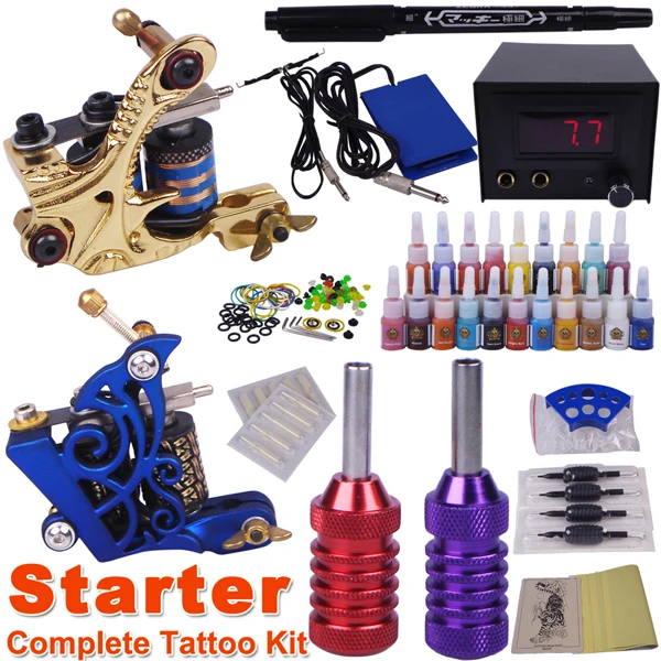 Complete Starter Tattoo kit professional 2 pcs tattoo machine 20pcs