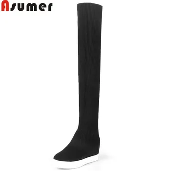 

ASUMER black fashion winter boots round toe flock platform over the knee boots height increase platform boots keep warm