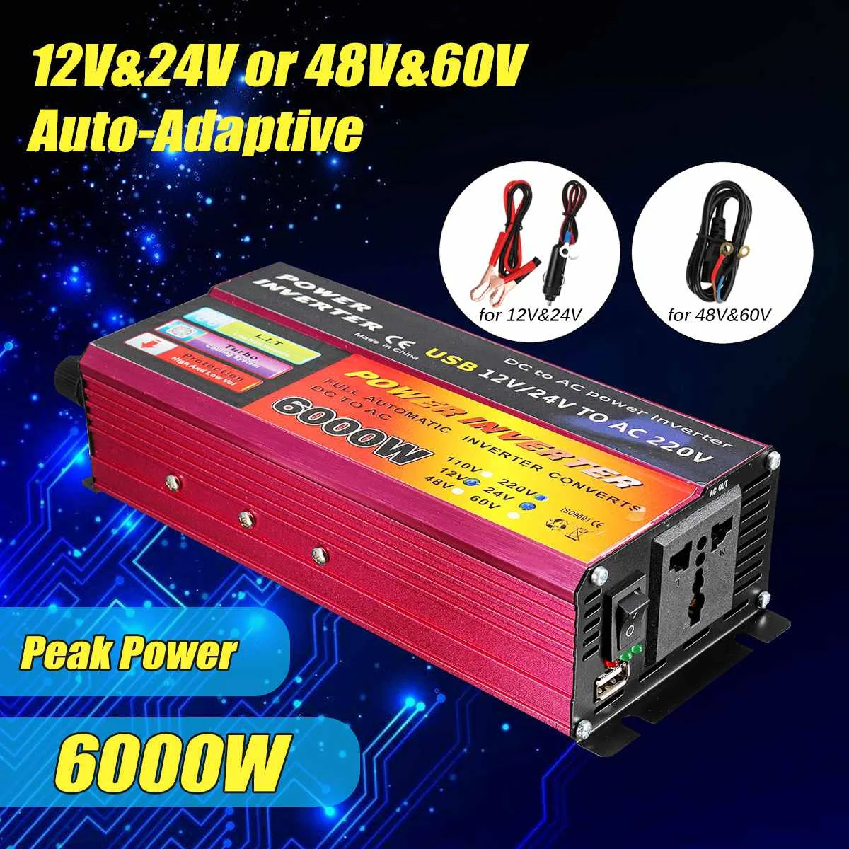 

Kroak Solar Inverter 12V 220V 1000W Pe ak 6000W Voltage Converter Transformer DC 12/24V 48/60V To AC 110/220V Auto Inversor