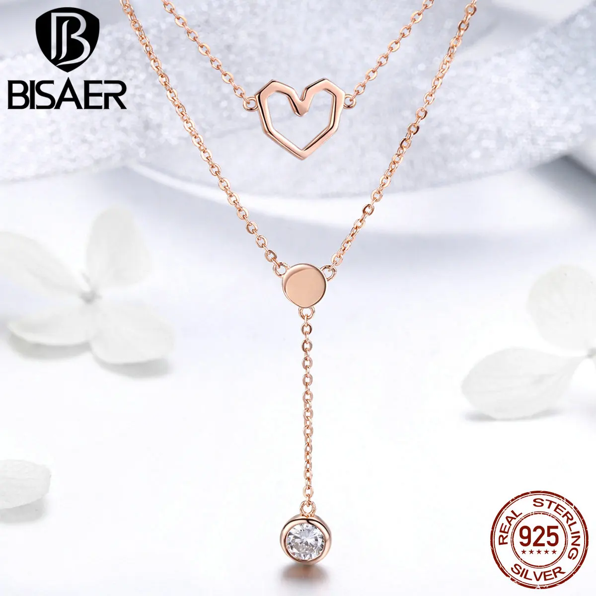 Женское Двухслойное ожерелье BISAER романтичное цвета розового золота из