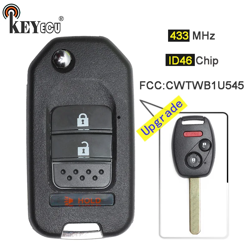 

KEYECU 10x 433MHz ID46 Chip FCC: CWTWB1U545 Upgraded Flip Folding 2+1 3 Button Remote Key Fob for Honda Pilot 2005-2008