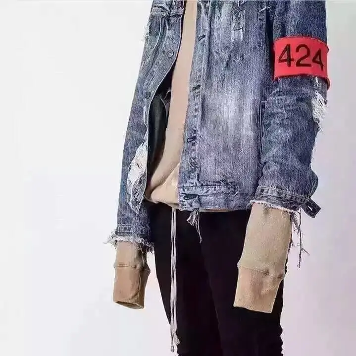 2016 TOP Spot red four two four 424 ripped hole distressed lt blue denim jacket streetwear urban clothing - AliExpress Mobile