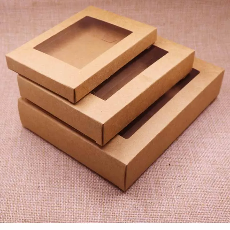 

Deluxe Vintage color Kraft paper gift box package with clear pvc window candy favors arts&krafts display package box 10pcs