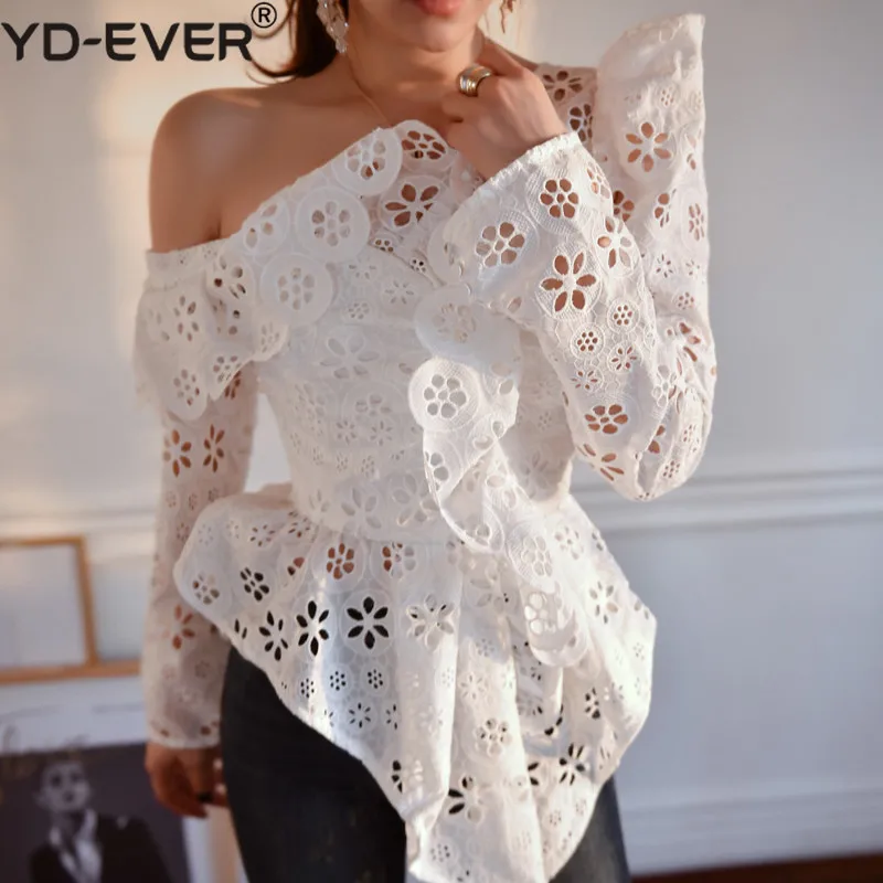 

2019 Fashion Spring Summer One Shoulder Hollow Out Lace Asymmetric Long Sleeve Blouse