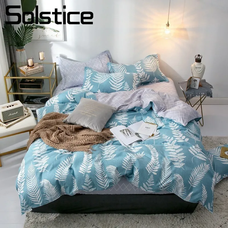 Solstice Home Textile Light Blue Gray Leaf Wave Pattern Flat Bed Sheet Duvet Cover Pillowcase Boy Adult Girls Bedding Linen Set | Дом и сад