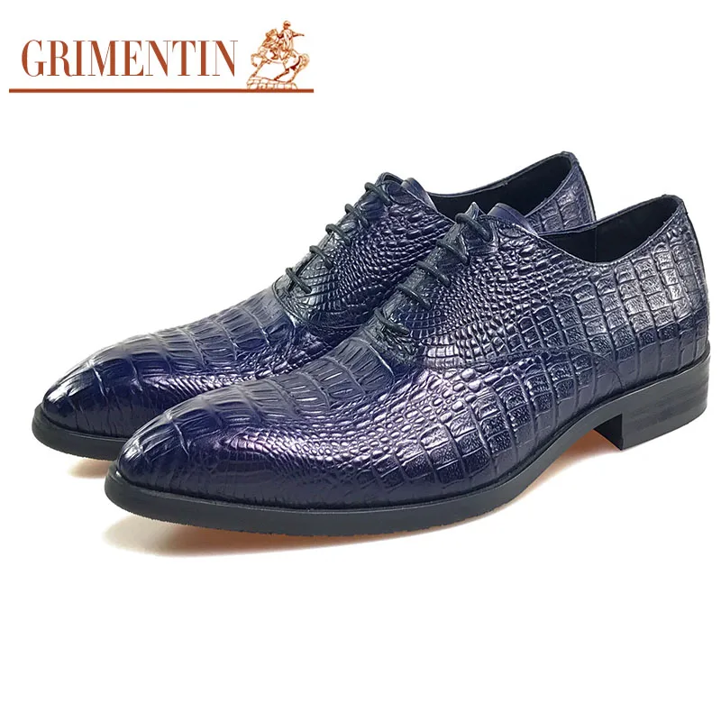 

GRIMENTIN men dress shoes blue genuine leather italian formal business shoes
