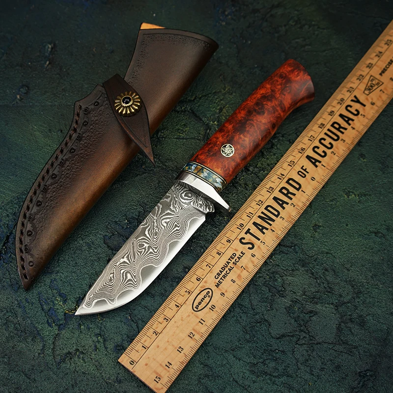 

TUREN-Damascus Steel Fixed Blade Knife VG10 Steel Core Hunting Tools Amboyna Burl Handle Tactical Survival Knives With Sheath