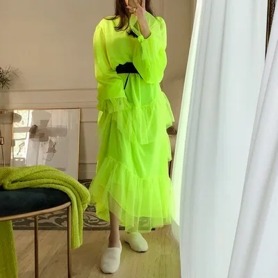

Korean version of the dress super fairy sweet dress holiday chiffon dress Dongdaemun lotus leaf fluorescent green dress zaraing