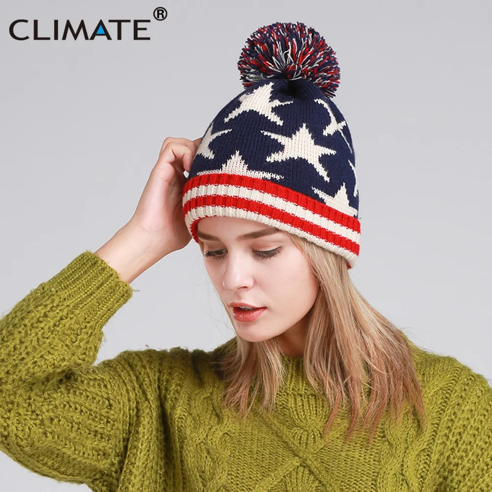 Женские зимние теплые шапки CLIMATE шапка с флагом США вязаная помпоном для девочек