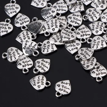 

Heart Pendant 50pc/ Lot Silver MADE WITH LOVE CZ Heart Charms Pendants Necklace Beads DIY