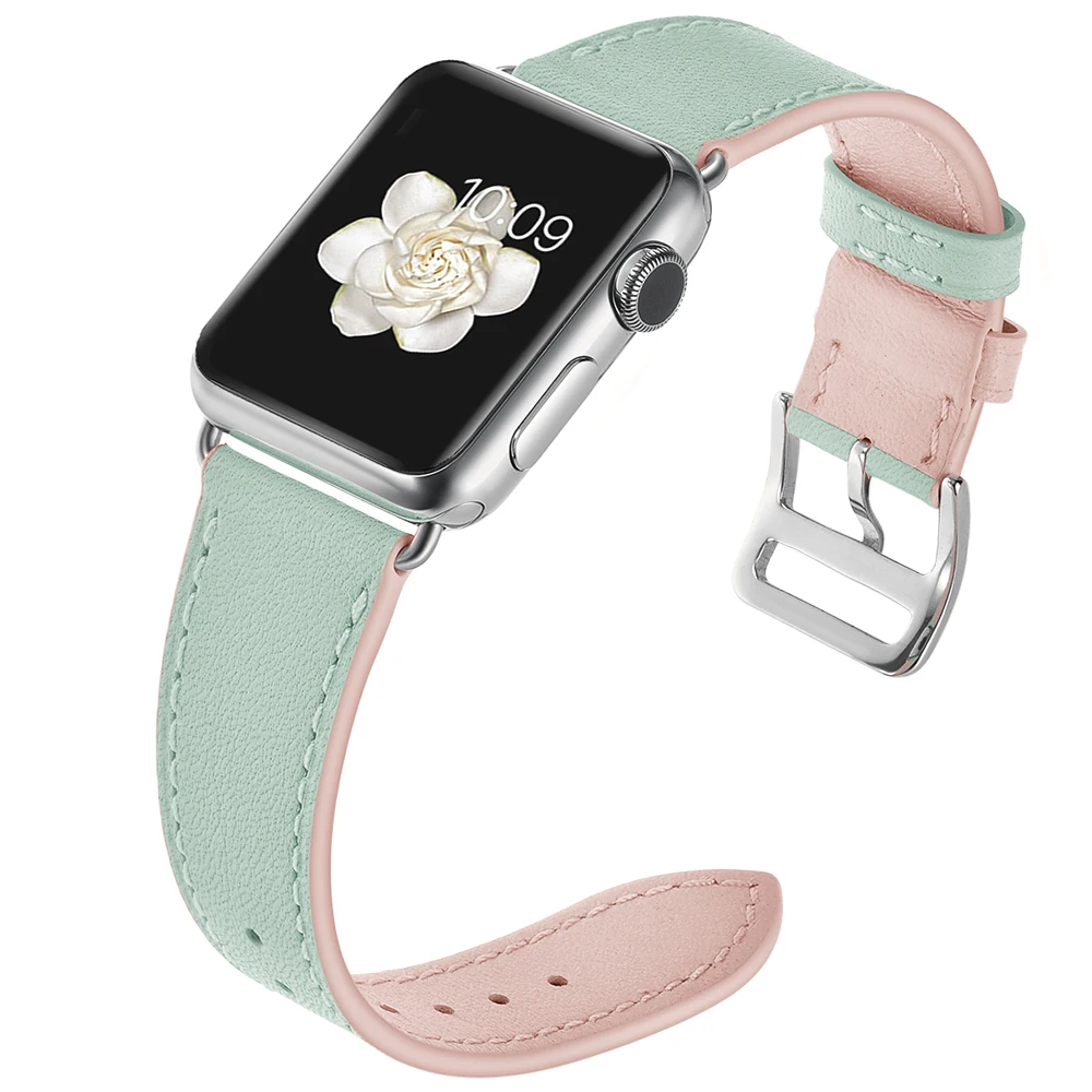 

Contrast Color Soft Leather Sports Band For Apple Watch 4 3 2 1 38mm 40mm 42mm 44mm Pink Mint Green Hot Sale Bracelet Strap