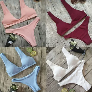 

Sexy Women Bikini 2019 Solid Swimwear Bandage Monokini Push Up Padded Swimsuit Bathing Suits Wommen's Swimming Suits Beachwear B