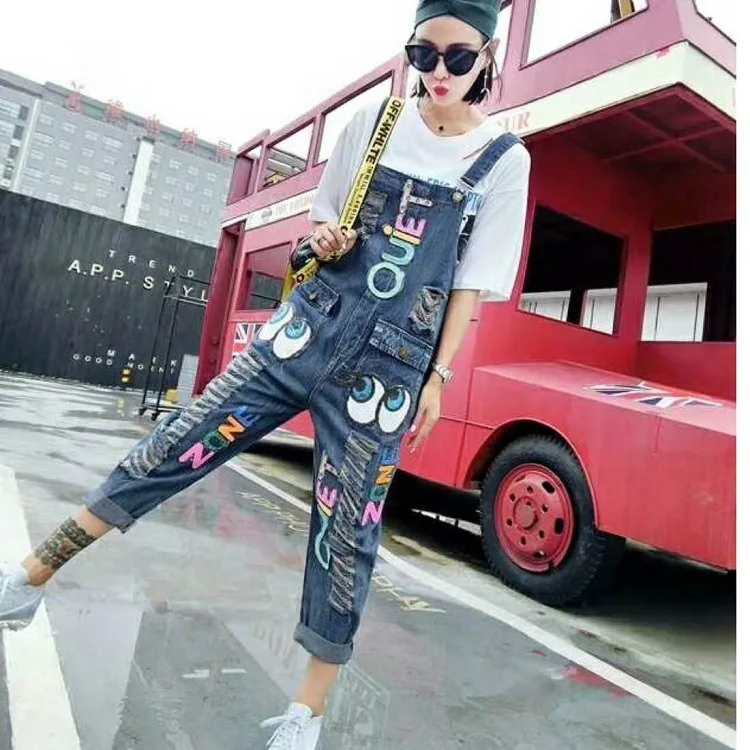 

2019 Women High Street Holes Jumpsuit Novelty Cartoon Denim Sequins One Piece Romper Student Lovely Overalls