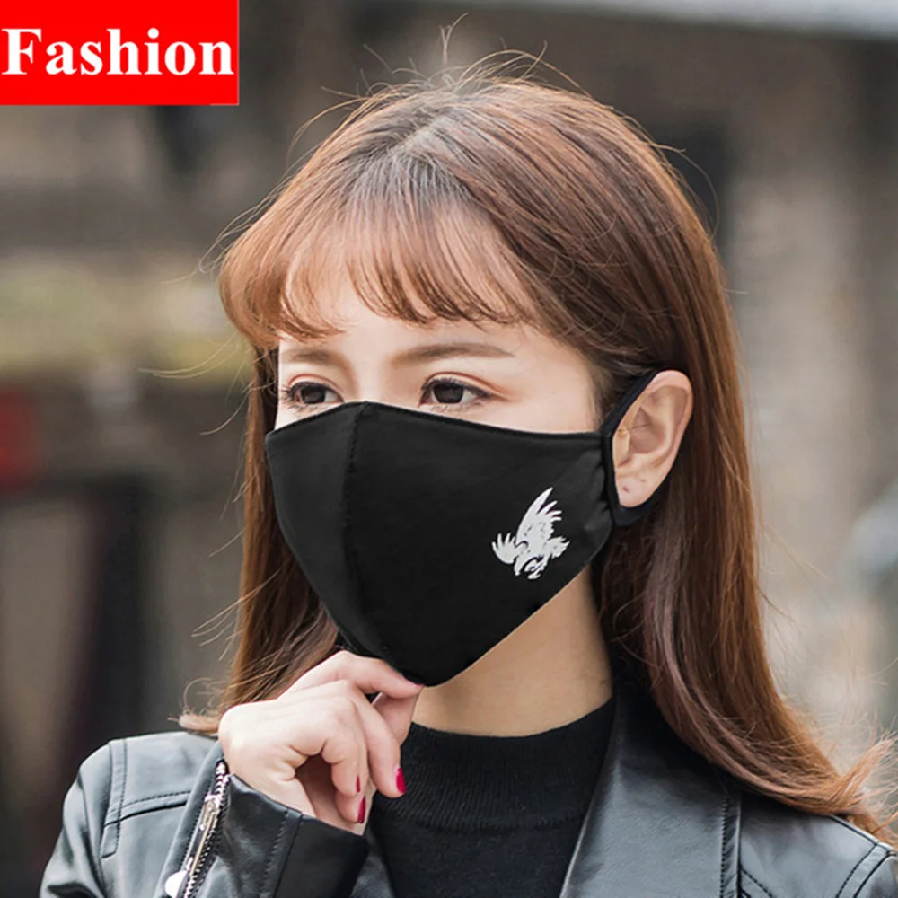 

2Pcs Fashion Cotton Dust Mask Individuality Pattern Eagle Luminous Effect Anti-dust Fog PM2.5 Black Men & Women Protective Mask