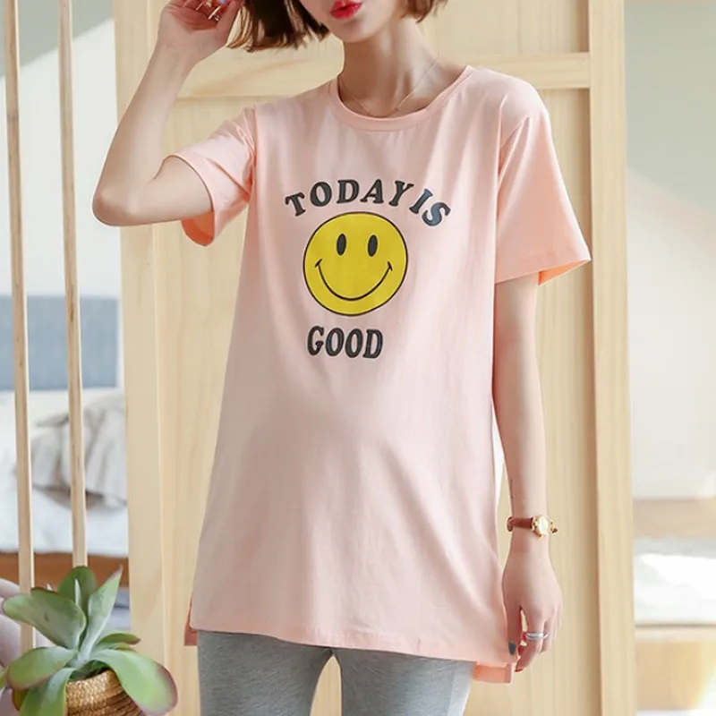 New Solid Color Pinting Letter Smiley Face Maternity T Shirt Loose Long Tops Summer Casual Korean Side Slit Pregnancy Clothes