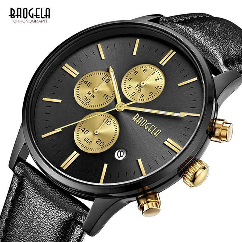 

Baogela New Top Luxury Watch Brand Men's Watches Black Leather Band Quartz Wristwatch Fashion Casual Watches Relogio Masculino