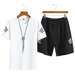 Rlyaeiz 2019 летний спортивный костюм мужской комплект повседневные спортивные костюмы мужские полосатые футболки с круглым вырезом + шорты