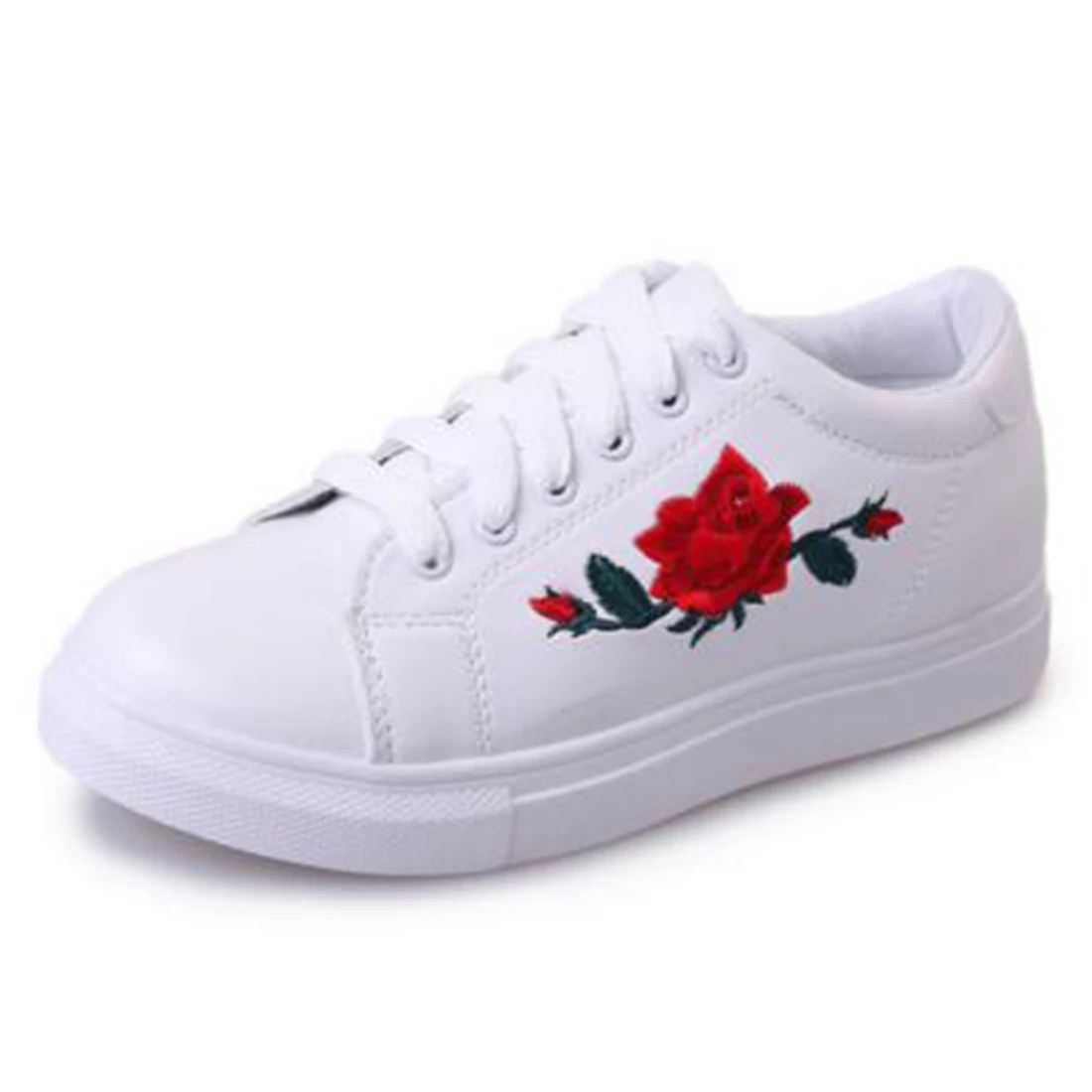 

Embroidery Flowers Moccasins Women White Shoes Female Soft Breathable Casual Shoes PU Leather Students Lace-Up Flat shoes Woman