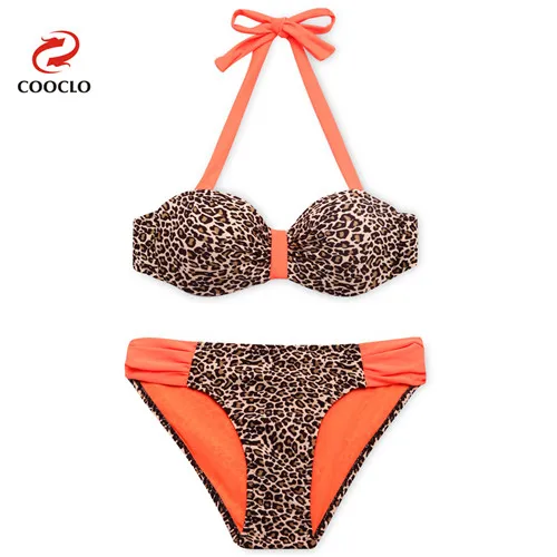 COOCLO бикини Leopard Топ бандо для женщин купальники для малышек Push up сексуальный комплект ярких цветов купальник Винтаж пляжная одежда Biquinis - Цвет: Leopard orange