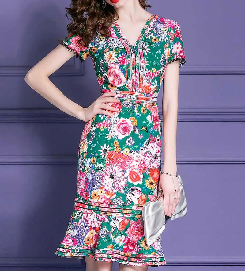 Роскошное женское платье с цветочным принтом, элегантное платье с v-образным вырезом и коротким рукавом