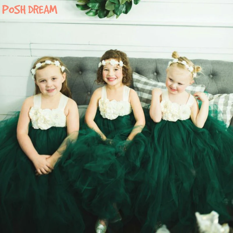 

POSH DREAM Dark Green Ivory Flower Girl Dress for Wedding Party Forest Green Flower Girl Tutu Birthday Dress Kids Girls Clothes