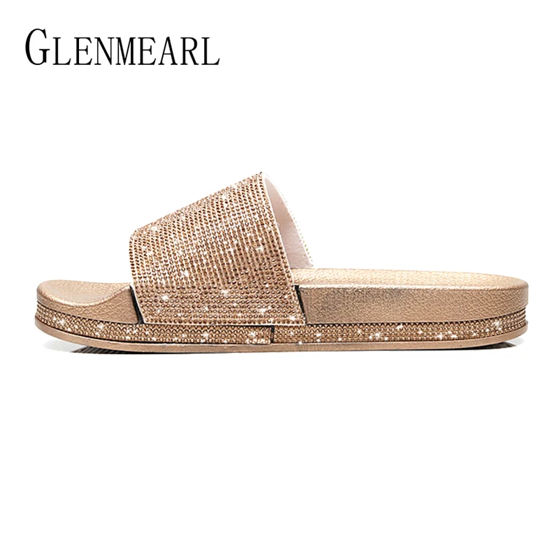 Fashion Women Slippers Crystal Flat Heel Summer Shoes Female Indoor Outside Bling Beach Slides Open Toe Rhinestone Ladies Shoe