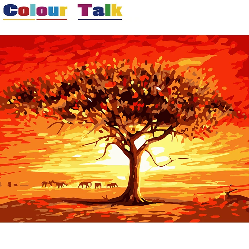 

Oil Paitning by Numbers for Living Rooms Tree DIY Pictures on Canvas Wall Art Home Decor Art Handpainted Sunset Paintings P-0355