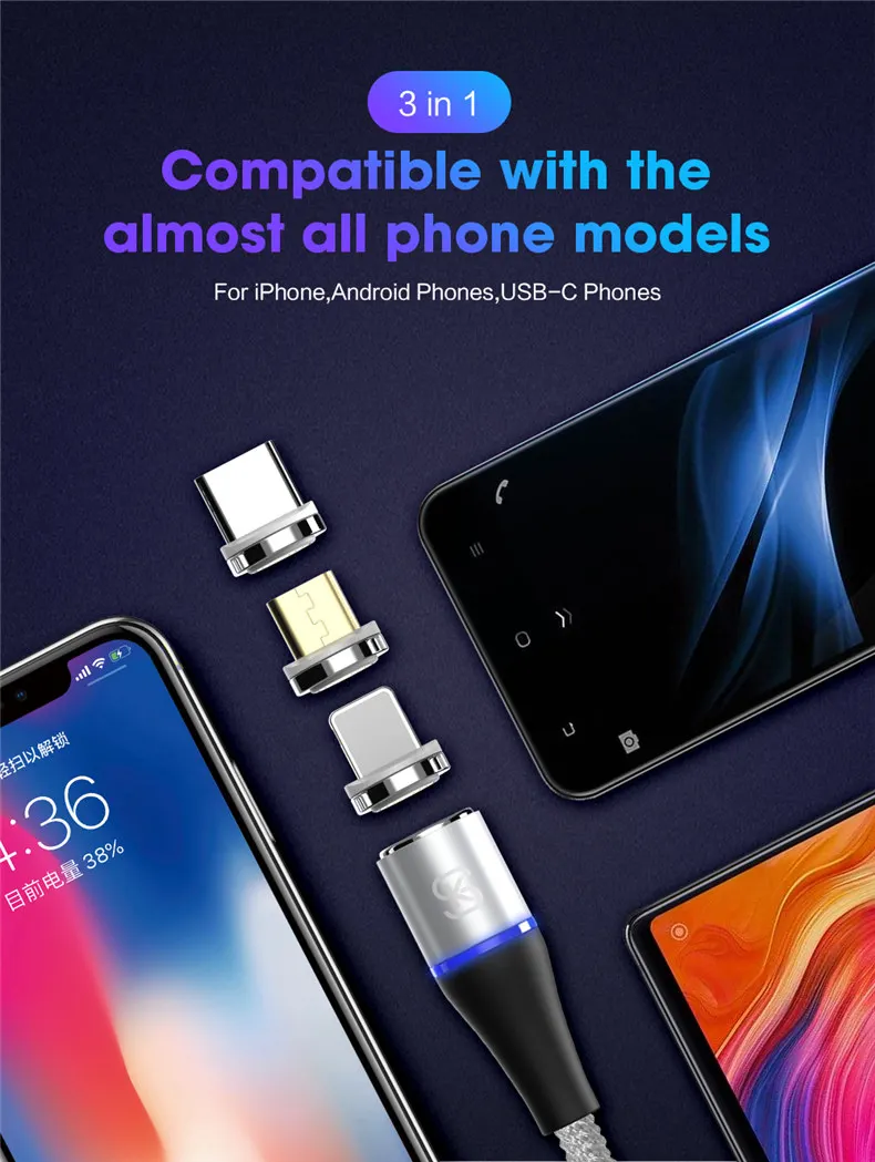 Магнитный кабель быстрой зарядки 3A QC 4,0 3,0 Micro usb type c 3 в 1 Дата для Iphone x samsung xiaomi Android SIKAI