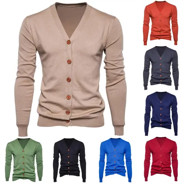 VOT7 Casual 2018 mature Men Autumn Winter Button V Neck Long Sleeve Knit Sweater Solid 8 Color Slim Cardigan Coat TW
