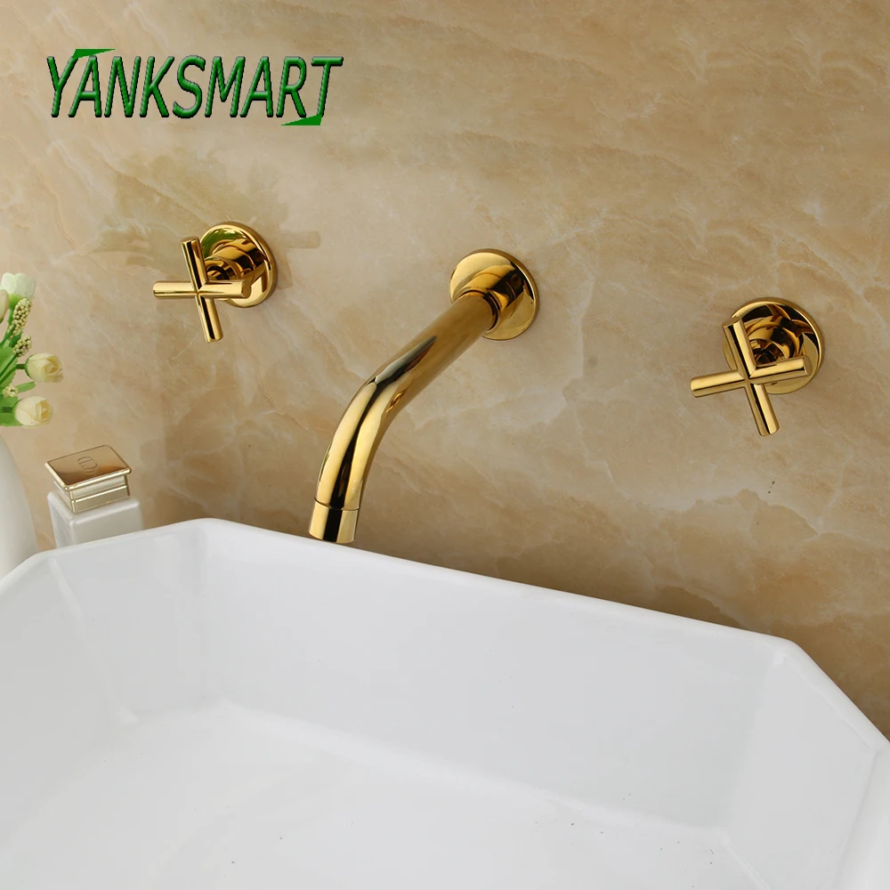 

YANKSMART Basin Faucet Wall Mounted Bathroom Sink Basin Faucets 3 Pcs Gold Polished Taps Dual Handle Tap