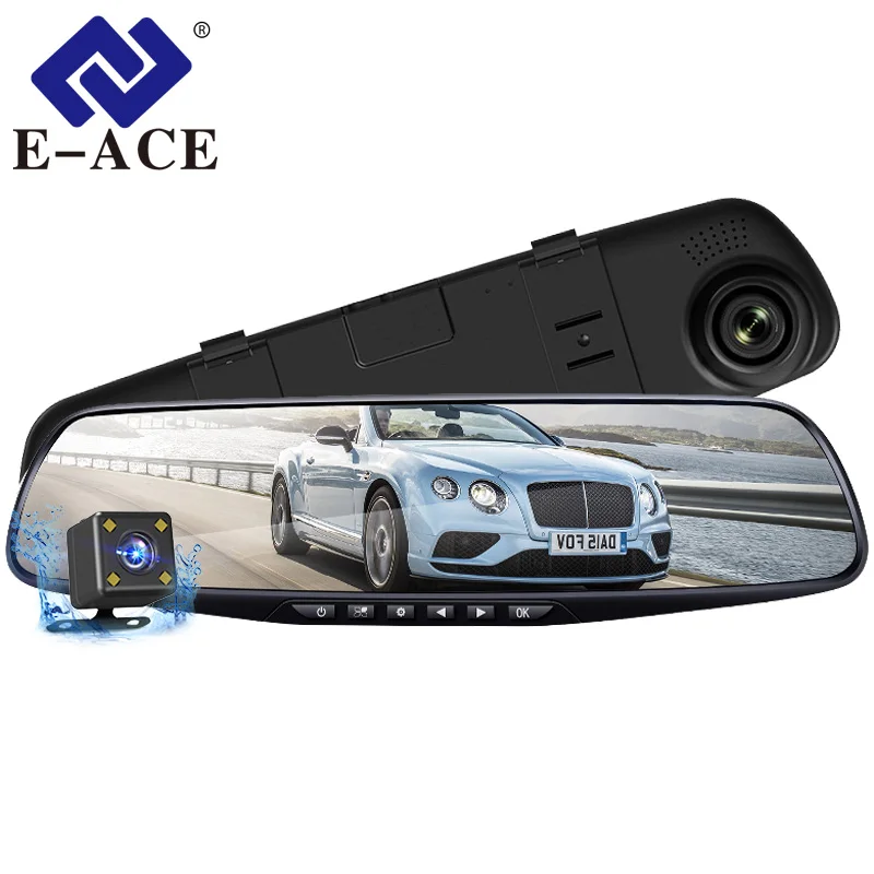 

E-ACE Car Dvr Camera FHD 1080P Dash Cam 4.3 Inch Rearview Mirror Video Recorder With Rear View Camera Camcorder Auto Registrar