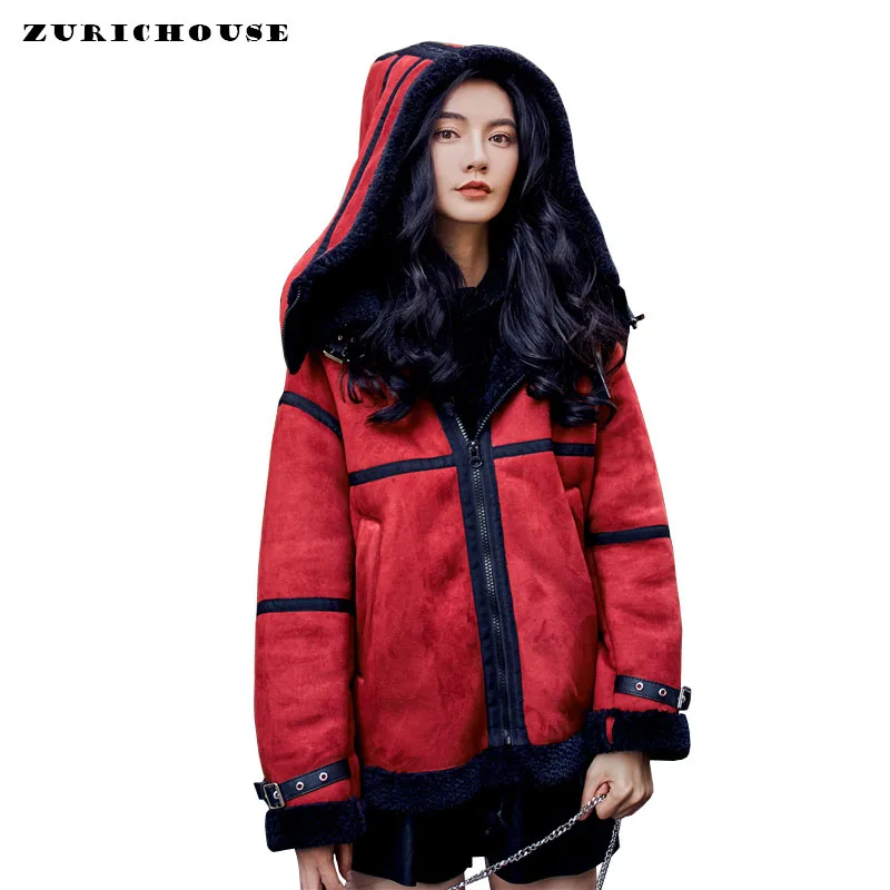 

High Fashion Design Winter Suede Jacket Women Hit Color Hooded Collar Lamb Wool Coats 2019 New Arrival Womens Fleece Jacket
