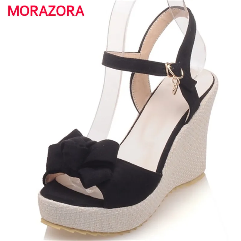 

MORAZORA Bohemia style summer shoes sweet buckle platform shoes solid PU nubuck leather wedges shoes sandals women