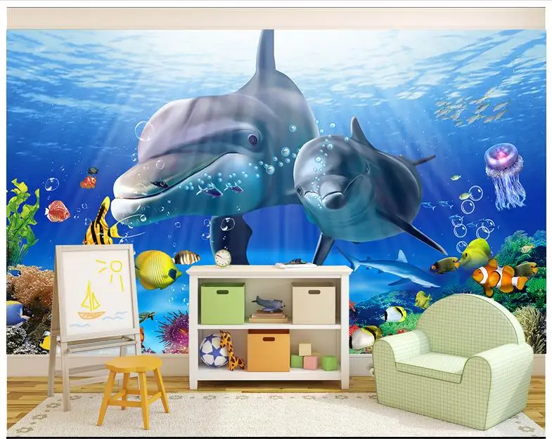 

High end Custom 3d wallpaper 3d wall murals wallpaper 3D Carpet Underwater World Dolphin Princess Child Background Wall decor