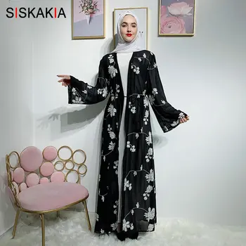 

Siskakia Muslim Kimono Elegant Flower Printing Open Abaya Black Flare Long Sleeve Dubai Turkish Islamic Clothes Autumn 2019 New