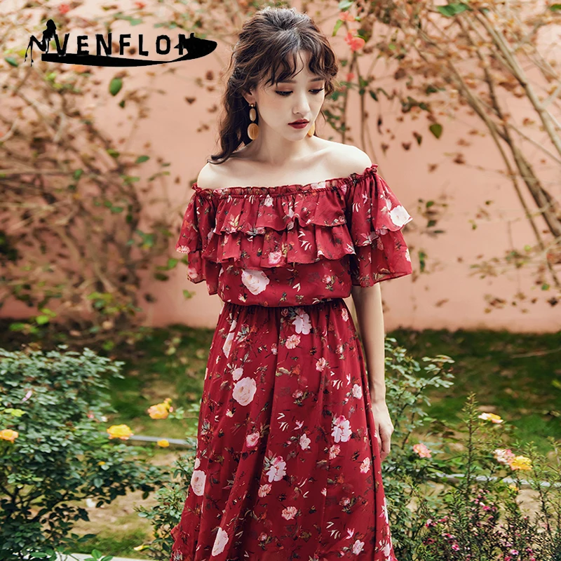 

VENFLON Summer Dress Women 2019 Casual Boho Sexy Off Shoulder Floral Chiffon Beach Long Dress High Waist Ruffle Red Dress Female
